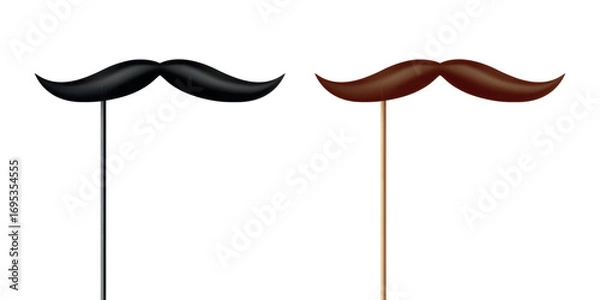 Fototapeta Vector 3d Realistic Black and Brown Mustache Prop on Stick, Isolated. Simple Mustache for Party, Photo Booth, Masquerade, Costume, Funny Carnival, Cosplay, Hipster Style