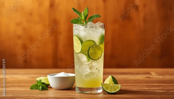 Fototapeta A vibrant and colorful photograph of a caipirinha cocktail in a tall clear glass filled with ice, sliced lime, and cachaça. Garnished with fresh mint leaves, the drink sits on a warm wooden background