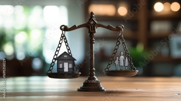 Fototapeta A balance scale with one side holding a house key and the other side holding a family photo, symbolizing the division of property and memories, simple sketch style, blurred interior background
