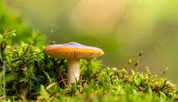 Fototapeta A single mushroom in a bed of moss