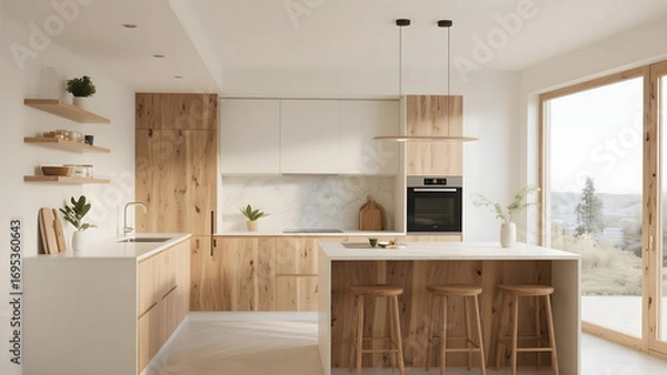 Fototapeta Sophisticated kitchen design with natural wood textures creating a modern and bright culinary space