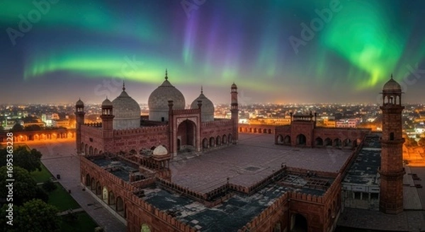 Obraz Majestic badshahi mosque under the aurora borealis in lahore pakistan at night