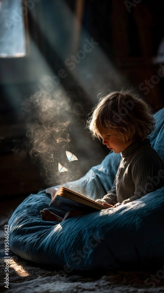Fototapeta Child engrossed in a book, with magical butterflies emerging from the pages, sunlight streaming through the window.