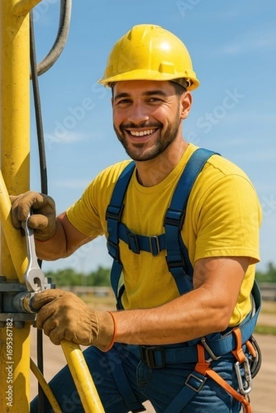 Fototapeta Industrious worker and Equipment: A skilled worker, confidently holding a wrench, embodies dedication in an industrial setting. with bright blue sky and yellow structure.