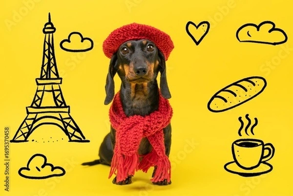 Obraz Charming dachshund wearing a red beret and scarf against a yellow backdrop, surrounded by doodles of the eiffel tower, bread, heart, and coffee, evoking a playful french theme.