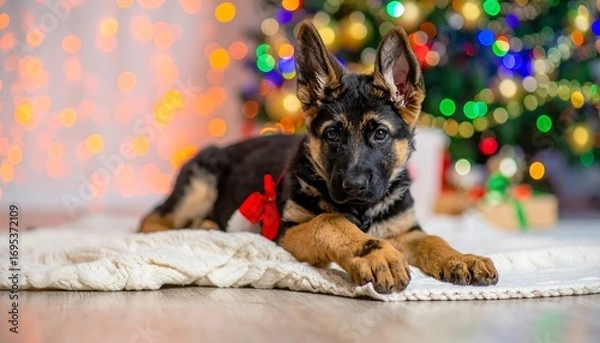 Fototapeta A German Shepherd puppy resting on a white blanket near a decorated Christmas tree