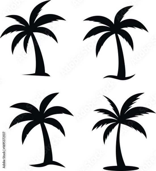 Fototapeta Set of black vector palm trees silhouette transparent background