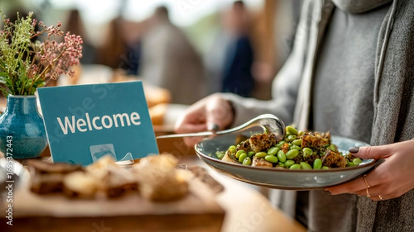 Fototapeta Buffet with welcome sign. Food includes edamame salad. Great for a meeting or party with finger foods.