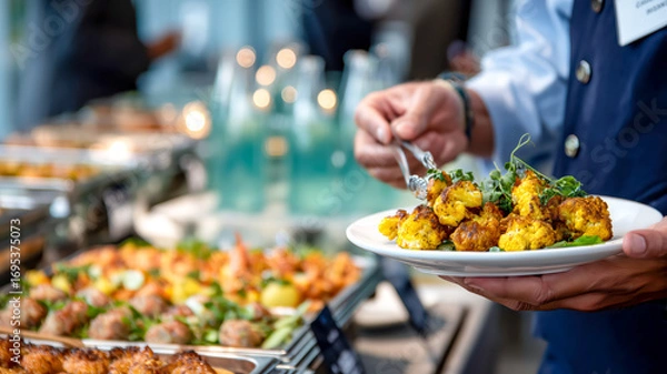 Fototapeta Event catering: person holding a plate of seasoned cauliflower and other dishes on a buffet table. Ready to enjoy!