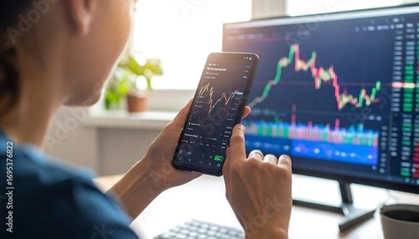 Fototapeta Woman reviewing stock market data on phone and computer