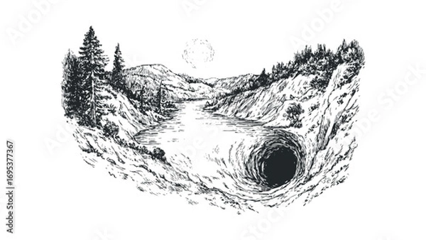 Fototapeta Hand drawn sketch of a black hole opening in a rocky landscape with trees and water. Vector hand drawn illustration