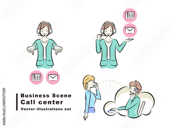Obraz コールセンターの女性オペレーターと電話で相談する女性,お問い合わせ先の案内｜ビジネスシーン