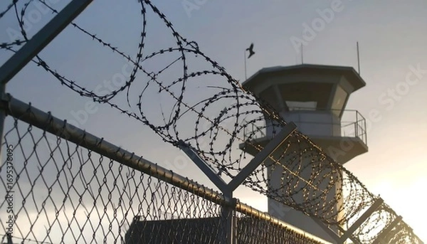 Obraz Prison security fence and watchtower