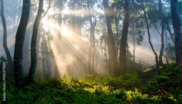 Fototapeta Sunlight streams through a misty forest