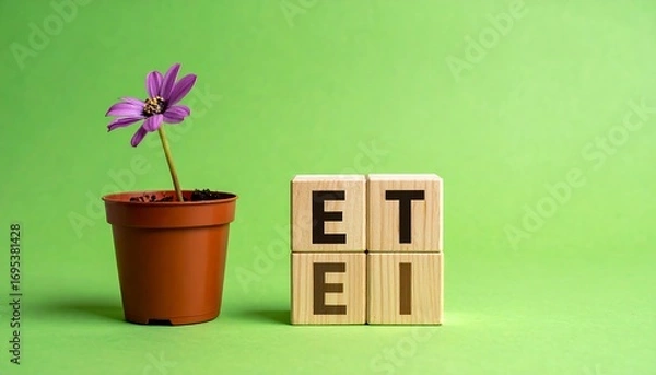 Fototapeta Wooden blocks with letters and a flower pot