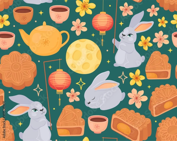 Obraz Seamless pattent for mid-autumn festival. Cute rabbits, lanterns, moon, mooncakes, flowers and teapot on green background. Happy mid-autumn moon festival.