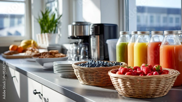 Fototapeta Assorted breakfast offerings including fresh fruit, pastries, juice, and coffee are displayed on a countertop.