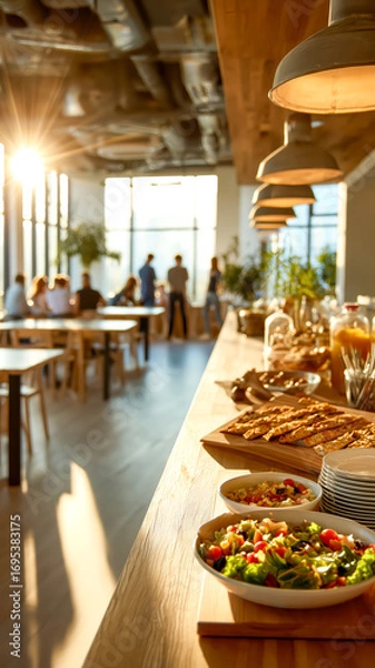 Fototapeta Bright office break room scene featuring a fresh salad bar and distant workers in a modern and sunlit environment.