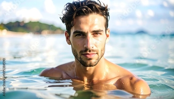 Fototapeta Man in the ocean.  Close-up portrait