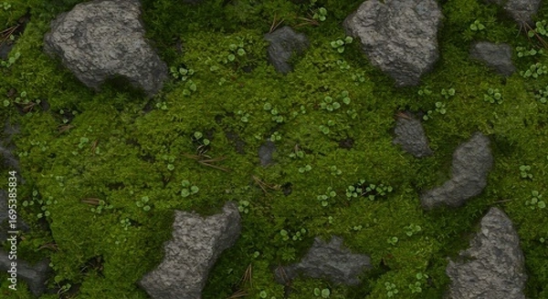 Fototapeta An overhead shot displays rocks interspersed within a bed of green moss and small plants with scattered pine needles