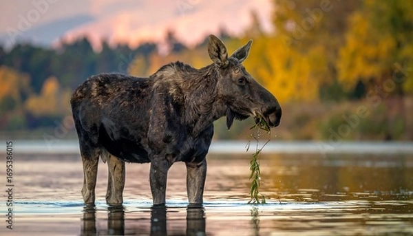 Fototapeta Moose grazing in shallow water at autumn sunset