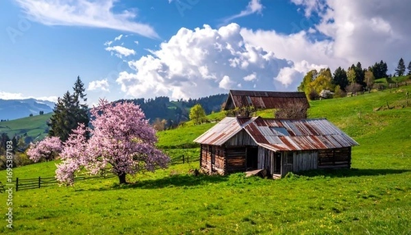 Fototapeta Rustic mountain landscape with flowering tree and old houses