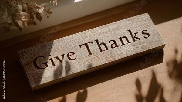 Fototapeta A close-up view of a rustic wooden sign that reads "Give Thanks," bathed in natural light, showcasing the warm tones of the wood grain and the gentle shadows cast by the sunlight.