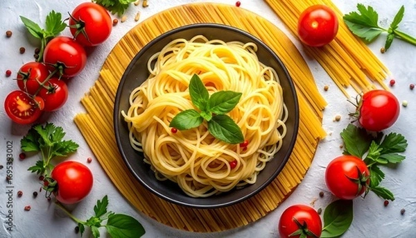 Fototapeta Overhead view of a pasta dish with ingredients