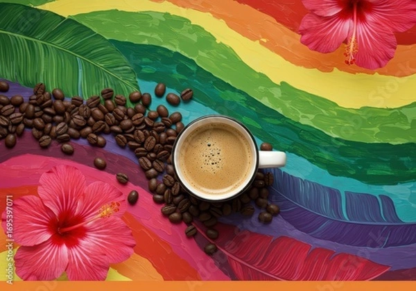 Obraz Overhead shot of coffee cup with beans and hibiscus flowers on rainbow painted background surface art