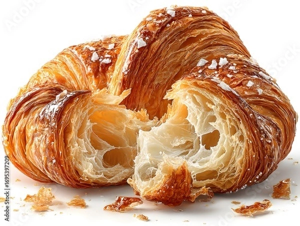 Fototapeta A freshly baked and broken croissant displays its flaky layers topped with sprinkled sugar on a white background.