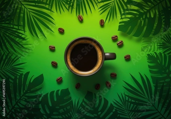 Obraz A cup of coffee surrounded by coffee beans and palm leaves on a vibrant green background view from above