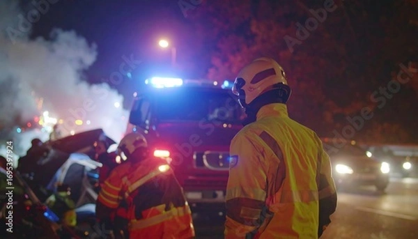 Fototapeta Emergency Responders at a Car Accident Scene at Night with Smoke and Flashing Lights