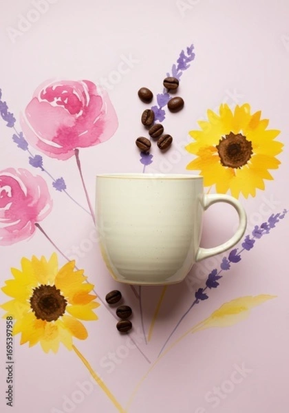 Obraz Still life of a coffee cup with coffee beans and floral watercolor on a pink background art piece