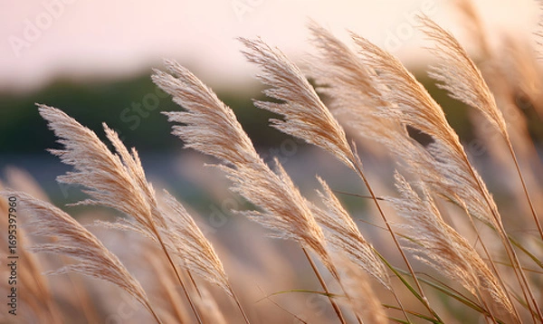 Fototapeta Golden pampas grass swaying gently in warm sunlight serene autumn field landscape capturing the peaceful beauty of fall nature. generative aI