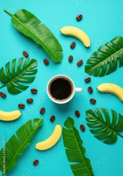 Obraz Overhead view of coffee cup with bananas leaves and coffee beans on a turquoise background flat lay style