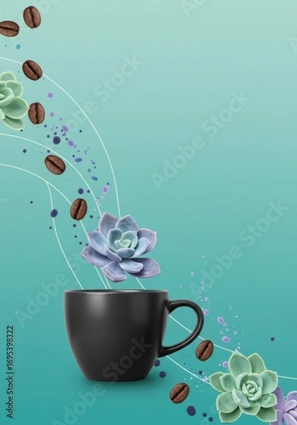 Obraz A black coffee mug with coffee beans and succulents on a light blue background with white curved lines