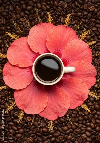 Obraz A cup of coffee on a pink hibiscus flower surrounded by coffee beans in a close up top down view