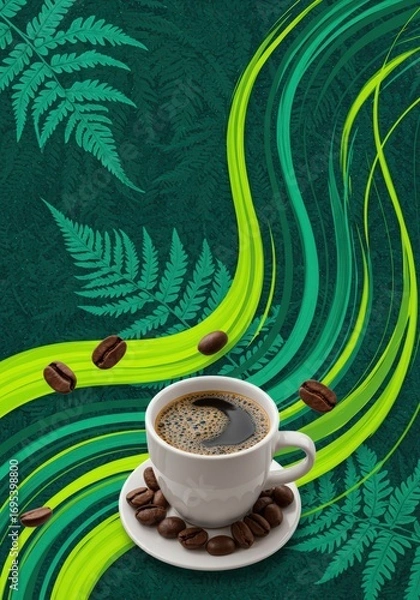 Obraz A cup of coffee with beans on a saucer with green ferns and flowing green and yellow lines behind it