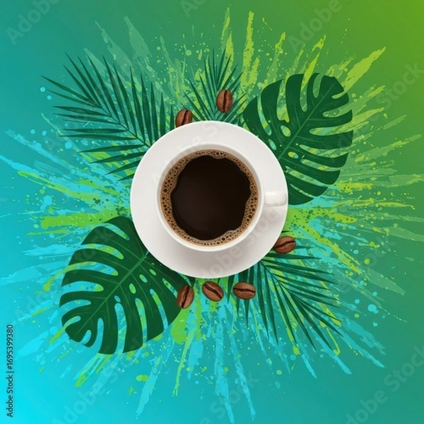 Obraz Overhead view of coffee cup on saucer with beans and tropical leaves on colorful background art