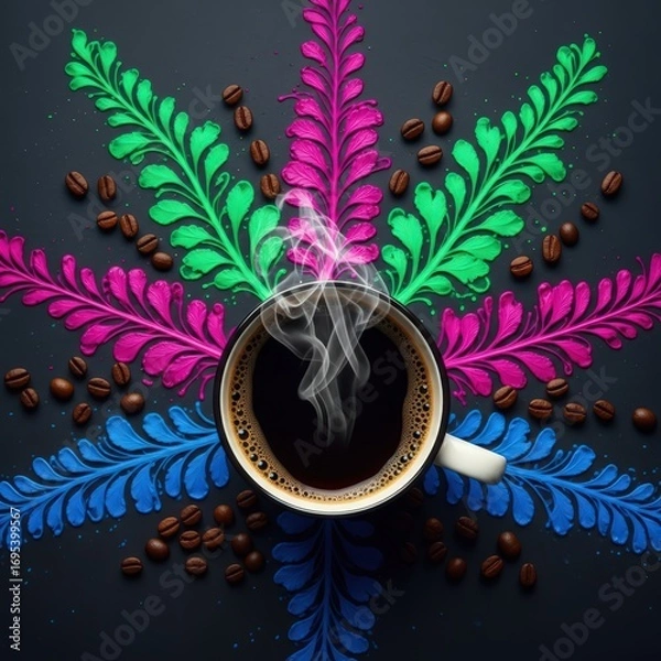 Obraz A cup of coffee with steam surrounded by colorful designs and scattered coffee beans on a black surface