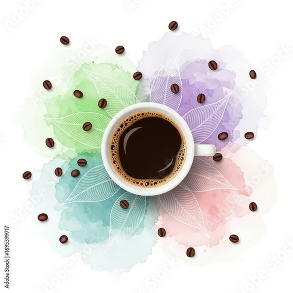 Obraz A cup of coffee surrounded by coffee beans and colorful watercolor splashes with leaf illustrations
