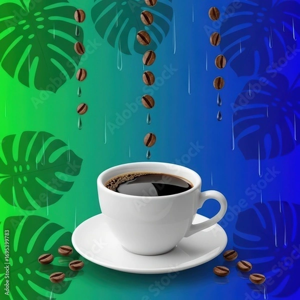 Obraz A cup of black coffee with falling coffee beans and leaf patterns on a blue green background art