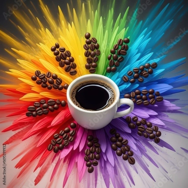 Obraz A cup of dark coffee surrounded by coffee beans and colorful feather like shapes radiating outwards
