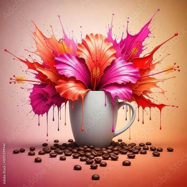 Obraz A white cup filled with colorful hibiscus flowers and coffee beans on a pink background art