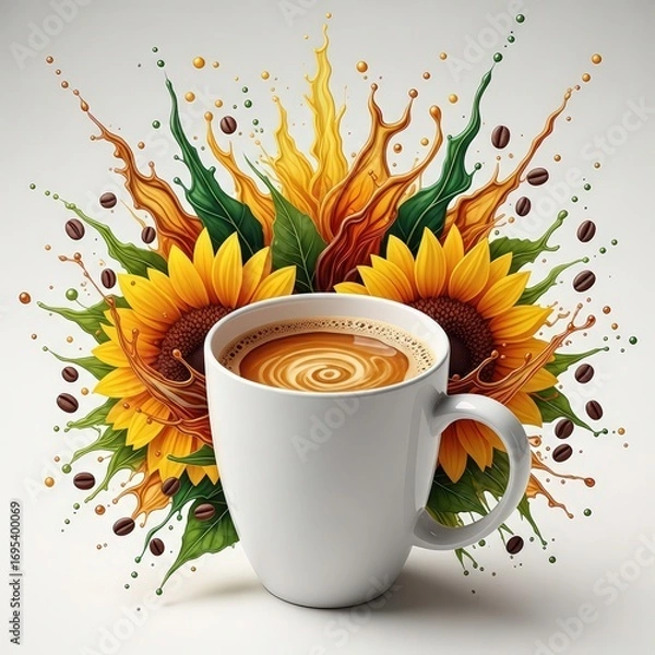 Obraz White mug of coffee with latte art surrounded by sunflowers and coffee beans on white background