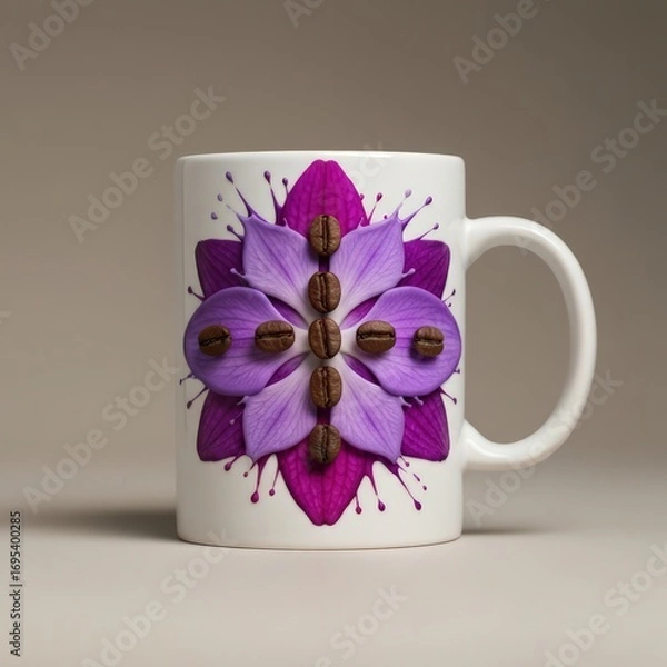 Obraz A white mug decorated with purple flower petals and coffee beans arranged in a symmetrical pattern