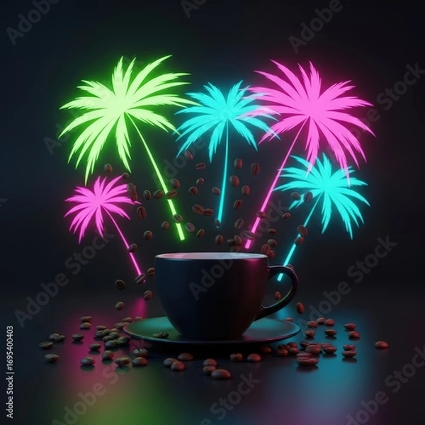 Obraz A coffee cup with neon fireworks and falling coffee beans on a dark reflective surface scene render