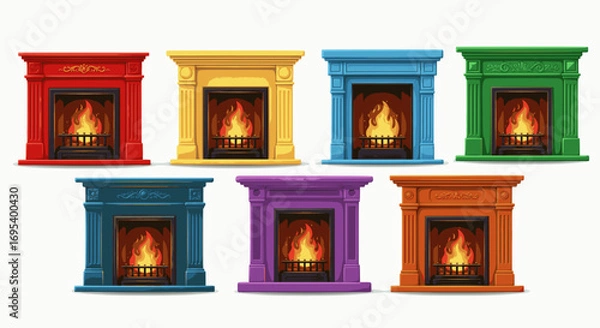 Fototapeta Stylized cartoon illustrations of brick fireplaces, each with a roaring fire and logs. With variations in brick color and design, the image offers a clean, graphic representation of a home's hearth.
