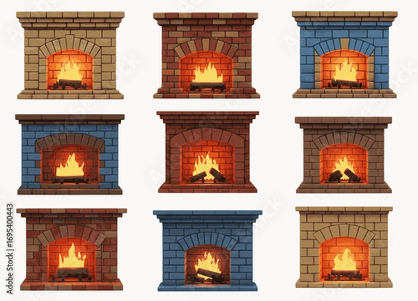 Fototapeta Stylized cartoon illustrations of brick fireplaces, each with a roaring fire and logs. With variations in brick color and design, the image offers a clean, graphic representation of a home's hearth.