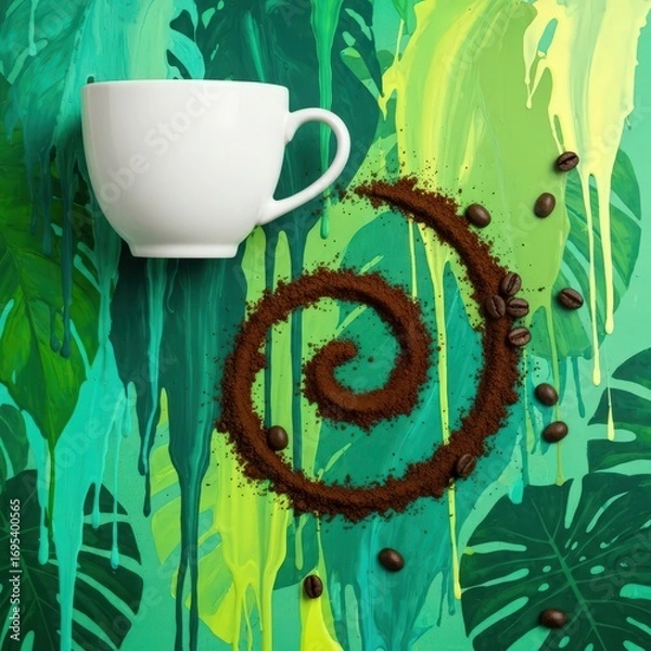 Obraz A white cup with coffee grounds in a spiral shape on a green and yellow painted background with coffee beans
